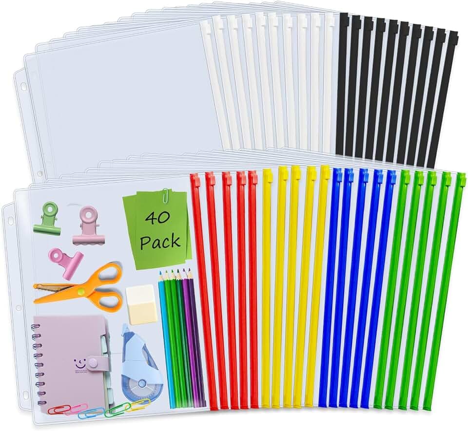 Binditek 40 Pack Zippered Binder Pockets, 3-Hole, Multicolor Zippers