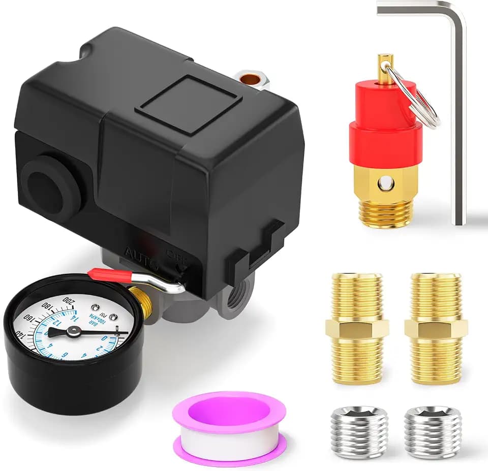 4 Way Air Compressor Pressure Switch Control Valve Kit 135-175 PSI, 1/4" NPT Port, 110V-240V, With 0-200 Pressure gauge