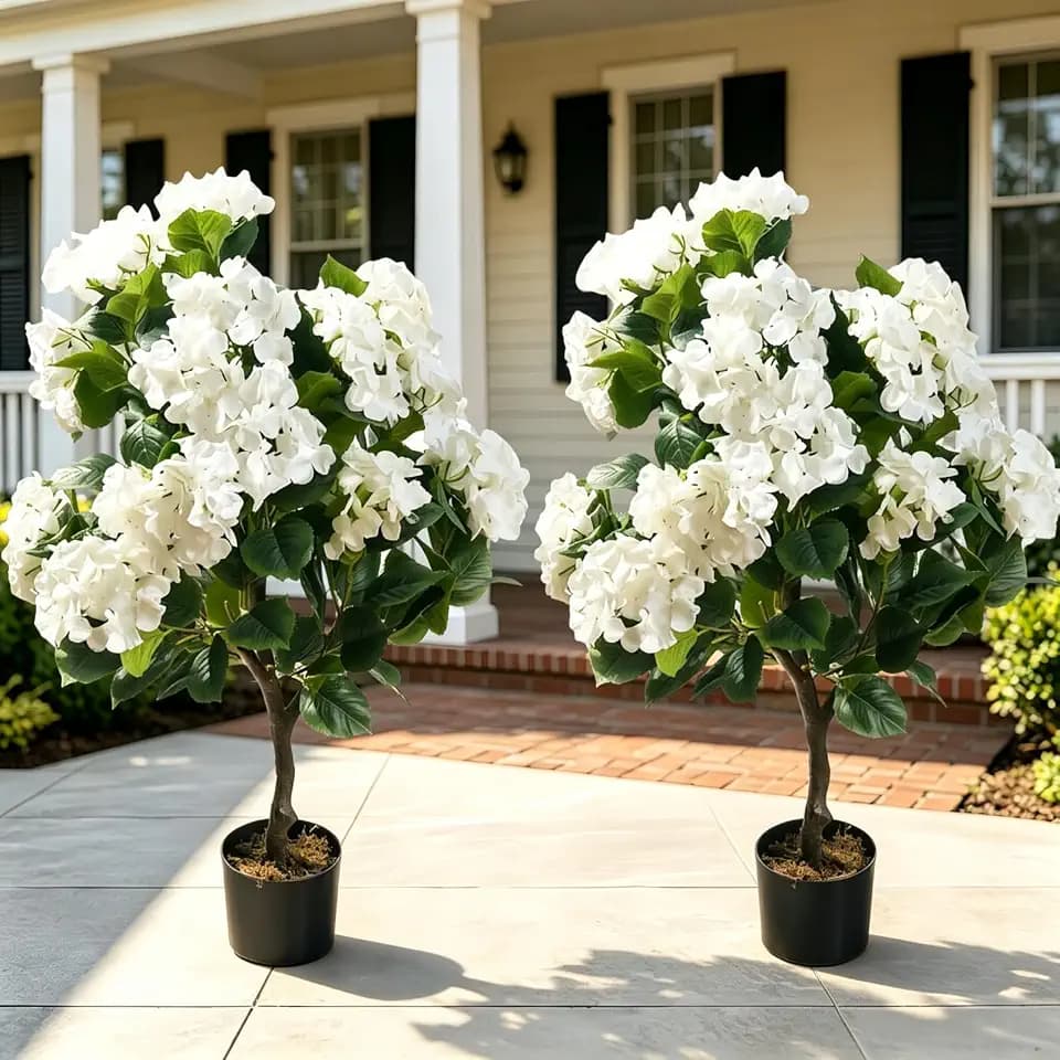 2 Pcs 3 Ft Artificial Hydrangea Trees UV Resistant White Faux Hydrangea Artificial Flowers Topiary Trees in Pot for Indoor Outdoor Porch Patio Garden Wedding Office Home Decor