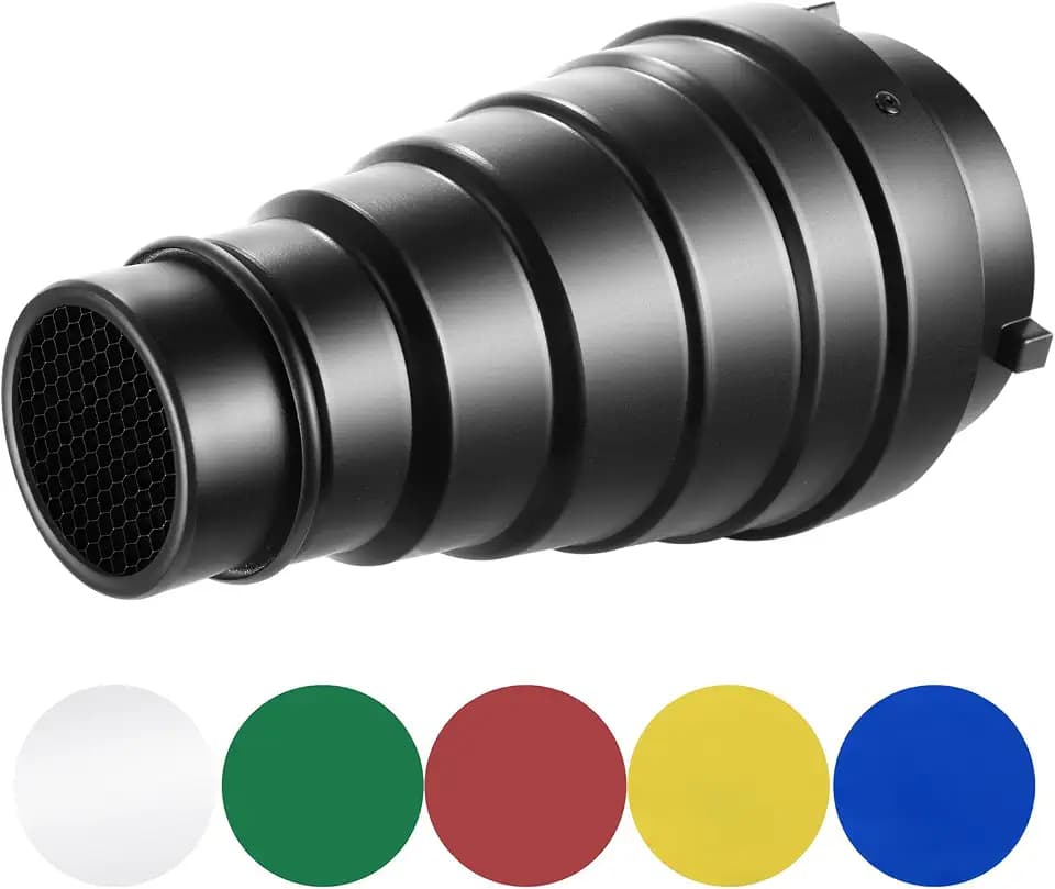 NEEWER Metall Spotvorsatz Snoot für Light Shooter mit Honeycomb Wabengitter und 5 Stück Gel Farbefilter für Bowens Montage Studio Strobe Monolicht Fotografie Blitzlicht (Mittel)