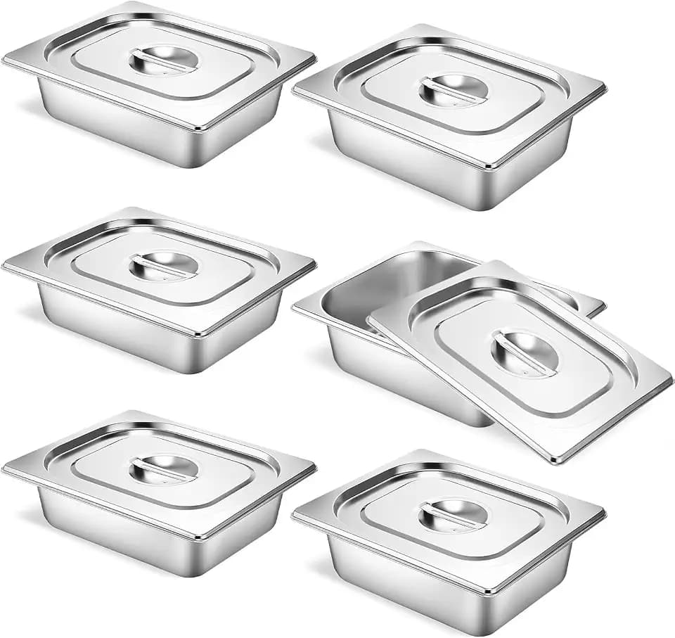 6 Pack Hotel Pans 1/2 Size 2.5" Deep Stainless Steel Steam Table Pan w/Lids