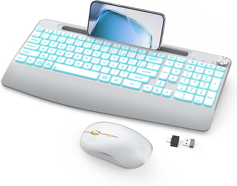 JOYACCESS Kabellose Maus-Tastatur, Hintergrundbeleuchtung, kabellos, mit Halterung für Telefon, kabellose Tastatur, wiederaufladbar, mit Handgelenkauflage, für PC, Mac, Windows – Weiß Silber
