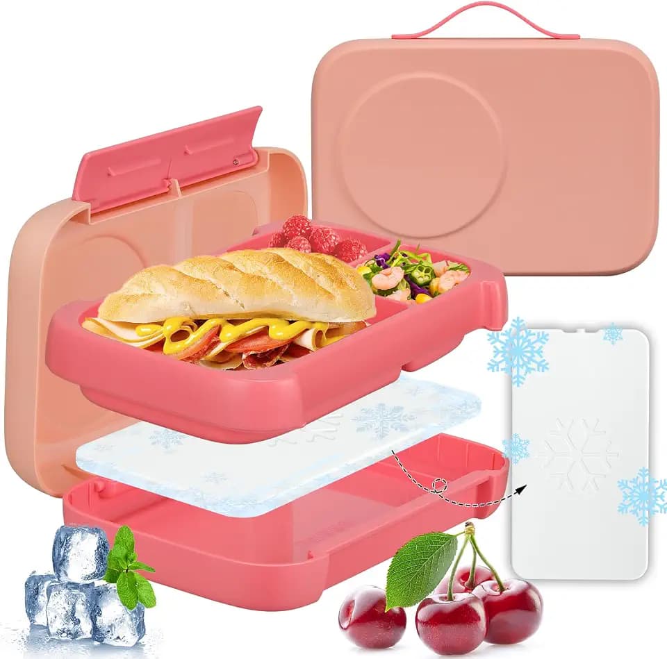 JXXM Bento Box for Kids,Kids Bento Lunch Box with Built-in Ice Pack for School,3 Compartments Leak Proof Lunch Container with Utensils for Girl Boy;BPA Free,Microwave & Dishwasher Safe, 44oz(Pink)