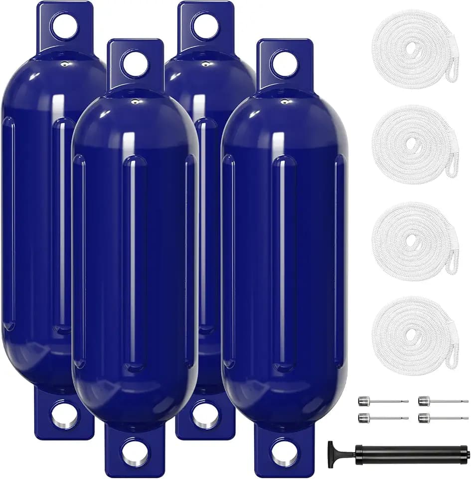4.5/5.5/6.5/8.5 Inch Boat Fenders - 4 Pack Boat Bumpers for Docking, Ribbed Twin Eyes with 4 Ropes & Air Pump, UV & Saltwater Resistant, for Jon Boats, Pontoon Boats Black/Blue/White/Blue &White