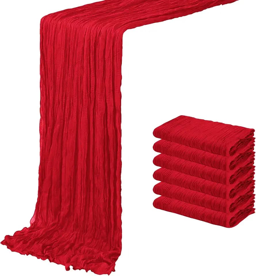 6 Pack Red Cheesecloth Table Runner 20 x 120 inch Gauze Table Runners 10 FT Long,Semi Sheer Boho Cheese Cloth Fabric Table Runner Bulk for Party,Wedding,Baby Shower,Bridal Shower Decoration