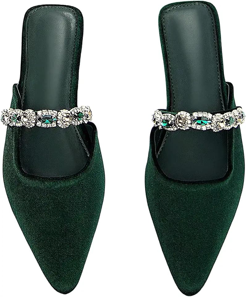 BEAUDRM Women Rhinestone Pointed Toe Leather Low Heel Slip On Mules Party Elegant Loafers