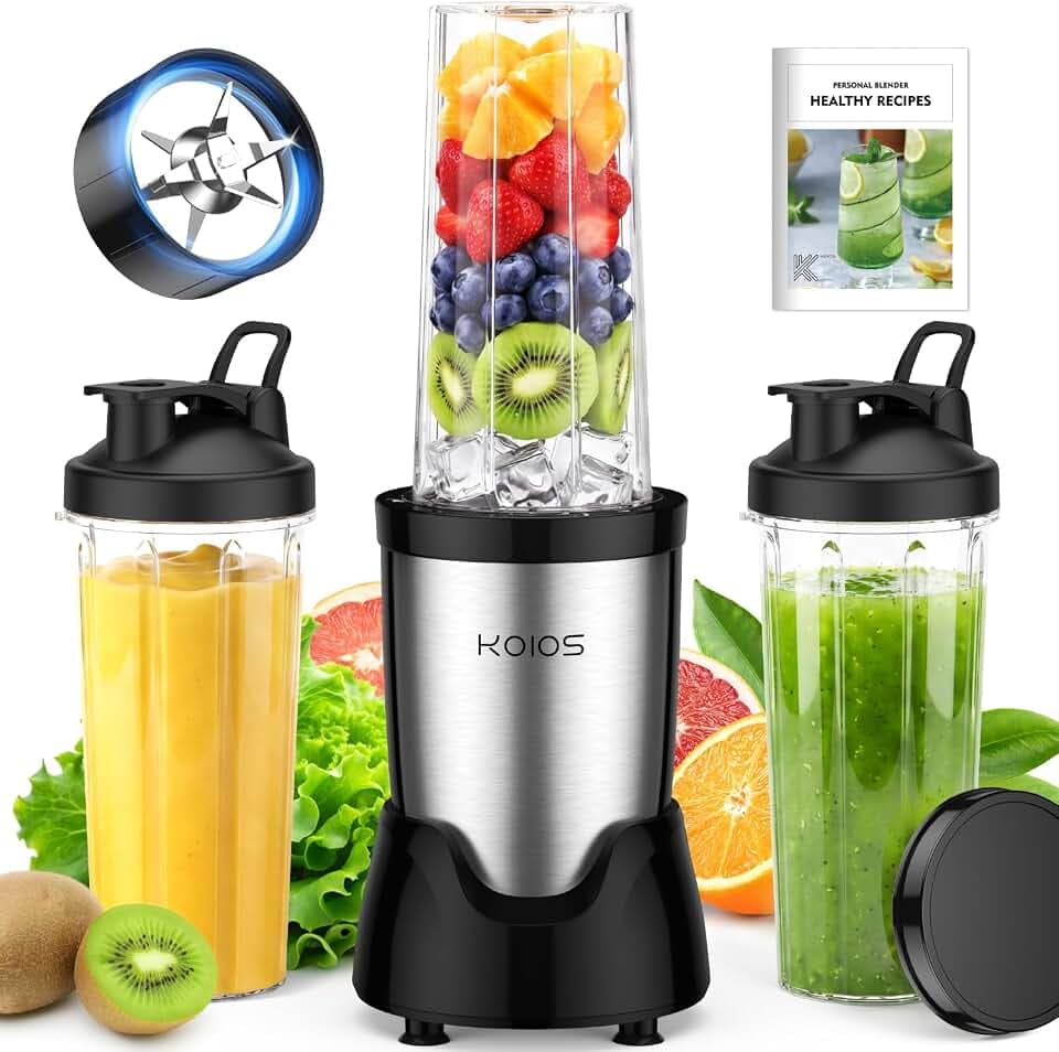 KOIOS Personal Blender for Smoothies with 3 x 22oz To-go Cups, BL319B Black