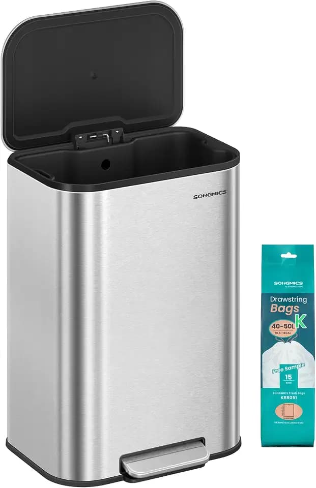 SONGMICS Kitchen Trash Can, 13-Gallon (50 L), Stainless Steel, Soft Close