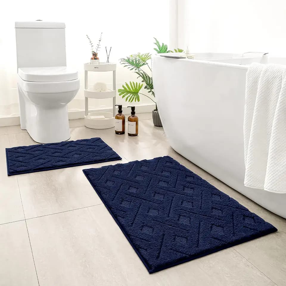 HOMEIDEAS Navy Blue Bathroom Rug Set 2 Piece, 20"x32"+16"x24"