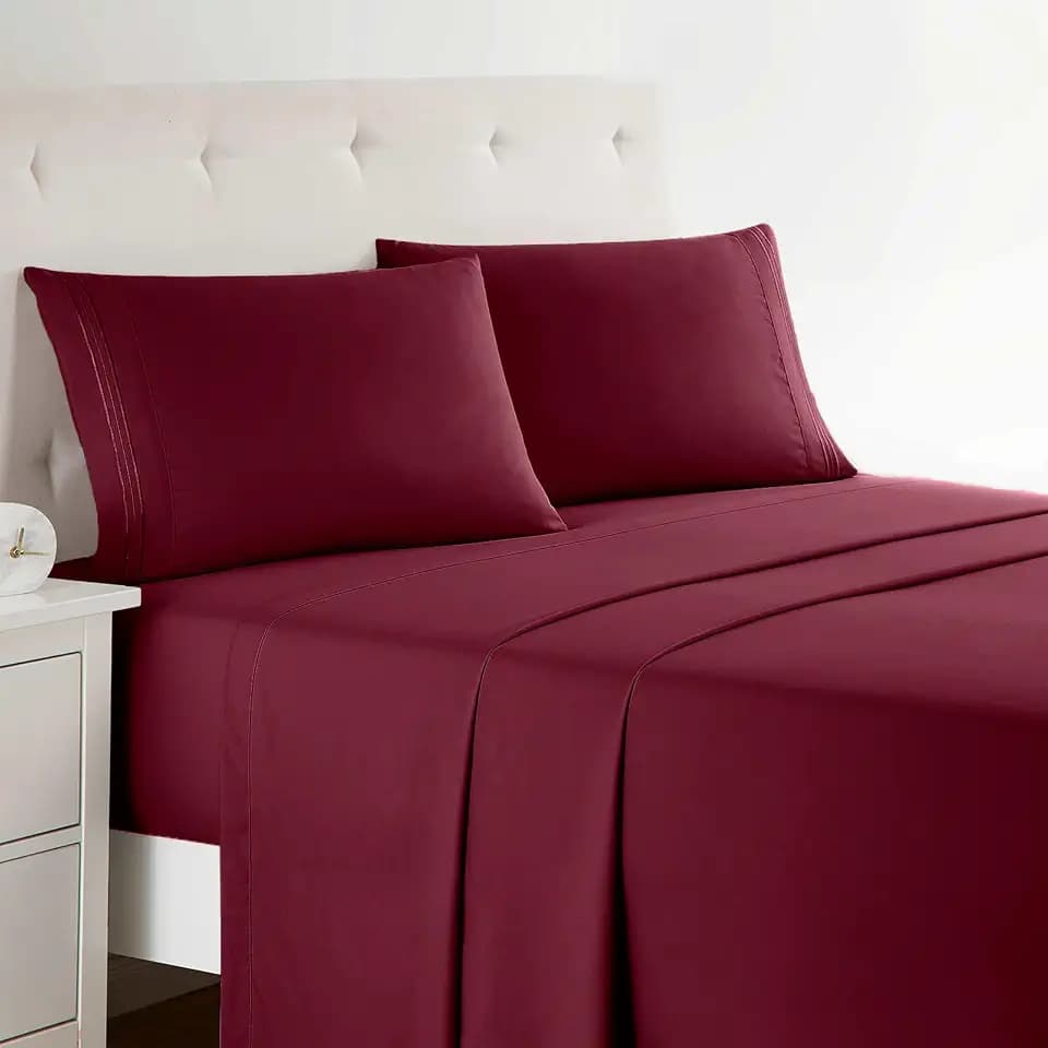 Clara Clark Bed Sheets, Premier 1800 Series 4 Piece Bed Sheet Set, Deep Pocket, Wrinkle, Fade, Stain Resistant, Luxury Soft Bedding Sheets & Pillowcases, Split King, Burgundy Red
