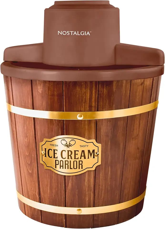 Nostalgia Electric Ice Cream Maker - Old Fashioned Soft Serve Ice Cream Machine Makes Frozen Yogurt or Gelato in Minutes - Fun Kitchen Appliance - Vintage Wooden Style - Dark Wood - 4 Quart