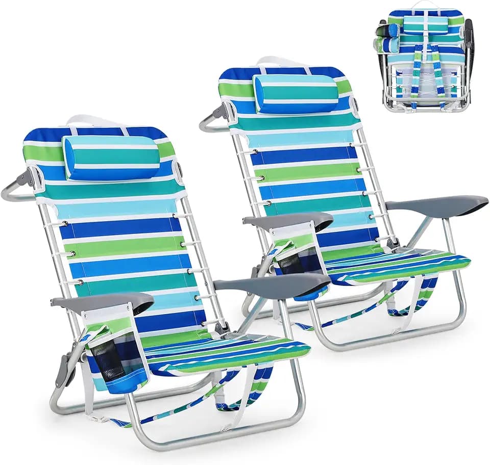 GarveeLife Backpack Beach Chair for Adults 2 Pack, Lightweight Portable Lay Flat Folding Beach Chair with 5 Positions, Backpack Straps, Phone Pocket, Cup Holder & Towel Bar, Support to 350LBS