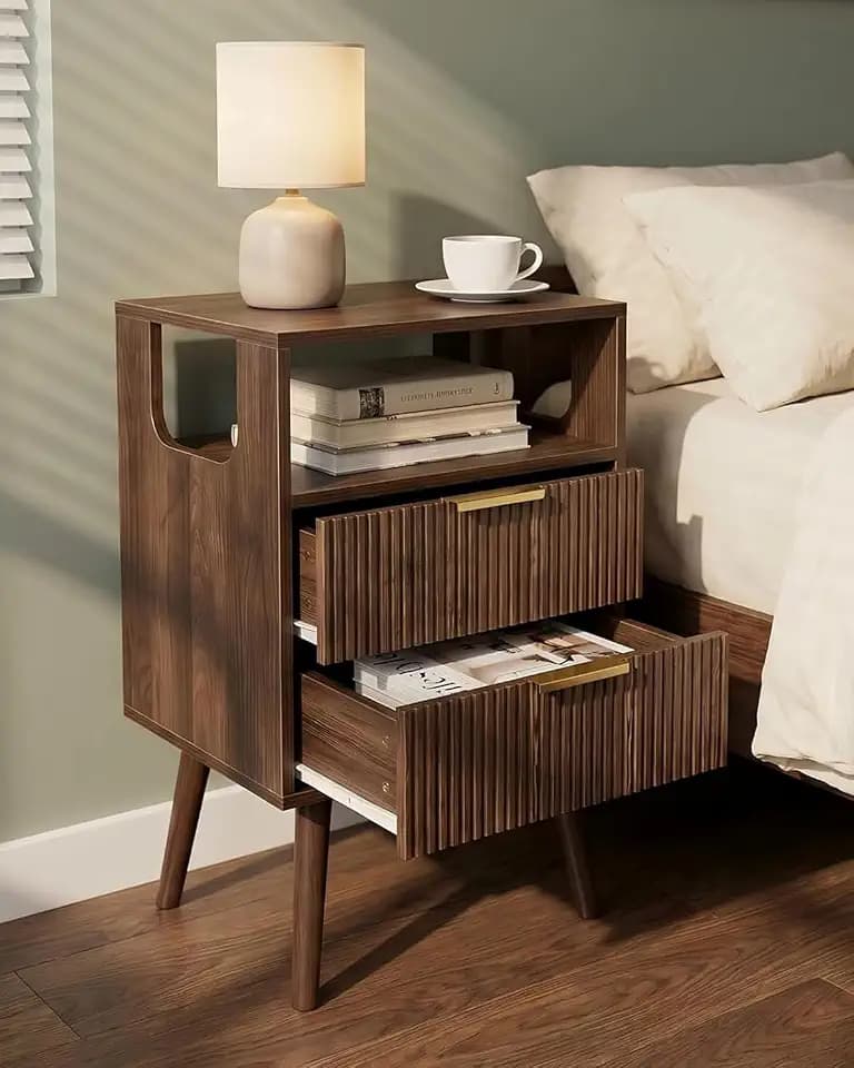 Leomonio Walnut Nightstand, Fluted Night Stand with 2 Drawer and Open Shelf