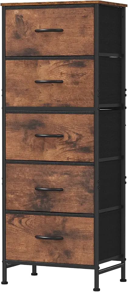 DUMOS Nightstand with 5 Fabric Drawers, Skinny Dresser