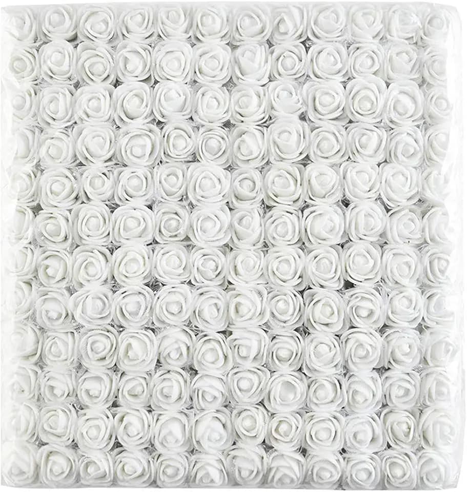 Mini Fake Rose Flower Heads 144pcs Mini Artificial Foam Roses DIY Wedding Flowers Accessories Make Bridal Hair Clips Headbands Dress (Bottom add Gauze) Snowy White