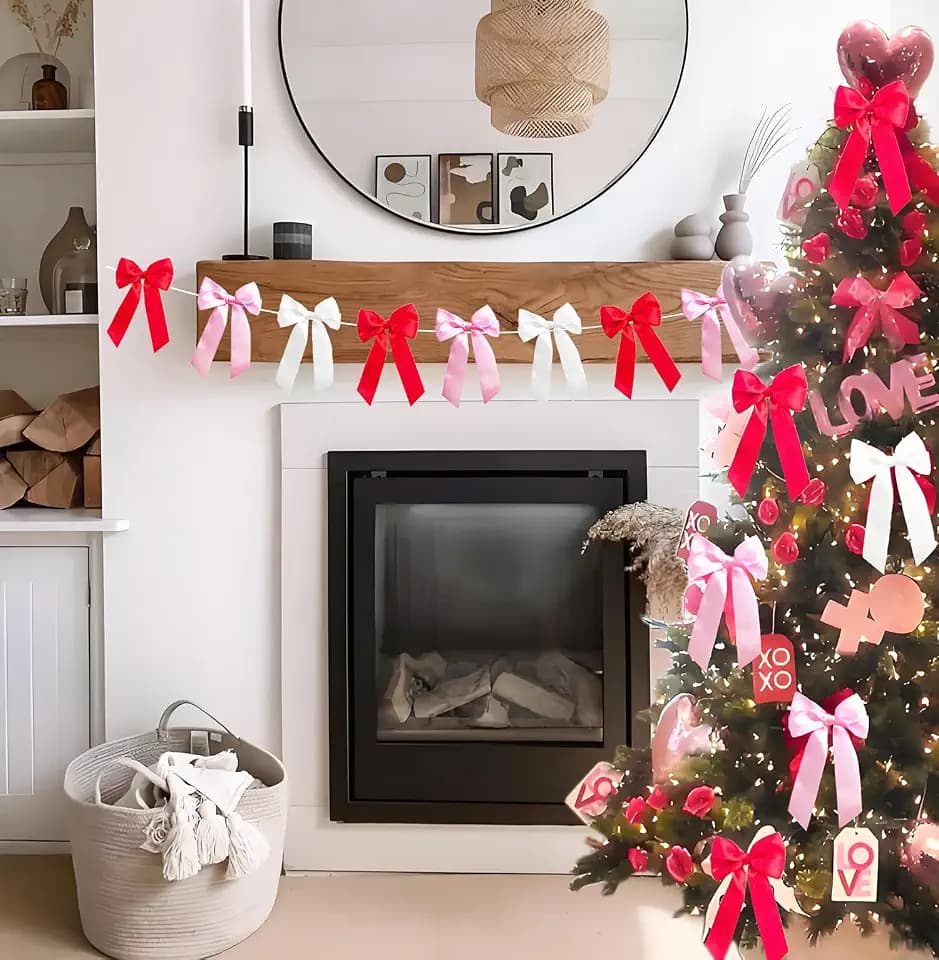 Red Pink White Bow Tree Decorations, Galentines Decor Red Pink White Bows Coquette Decor Bow Hanging String Garlands Lovers Day Decor Wedding Anniversary Birthday Party Supplies