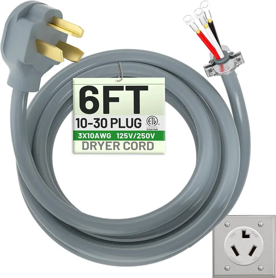 POWGRN 6FT 3 Prong Dryer Cord, Pure Copper Wire, ETL Listed, STW