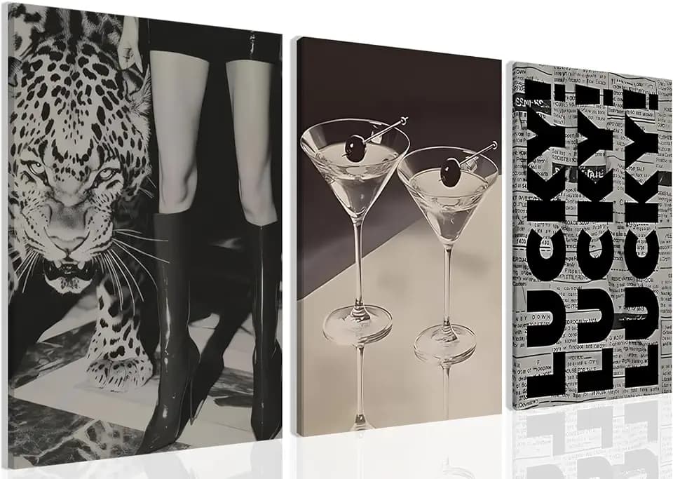 Trendy Leopard Canvas Wall Art Set of 3, Fashion Leopard, LUCKY Typography Wall Decor Martini Cocktail Posters Funky Vintage Preppy Luxury Aesthetic Posters Prints for Bedroom, Living Room Girly Bedroom Apartment Bar Decor 12x16 Inch Framed