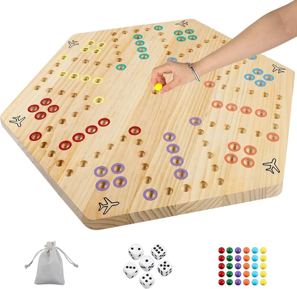 HOROW Wahoo Board Game 23.6 inch Wooden Original Board Game Classic 2 Side Painted Fast Track Game for 4 Player and 6 Player with 30 Marbles,6 Dices for Family Game Night(Extra Large)