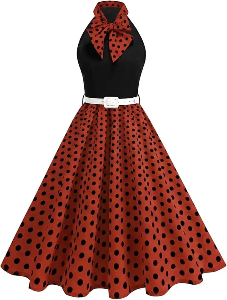 ODIZLI 1950s Dress for Women Retro Sleeveless Tie Neck Polka Dot Swing Dress with Belted Evening Party Cocktail Dresses