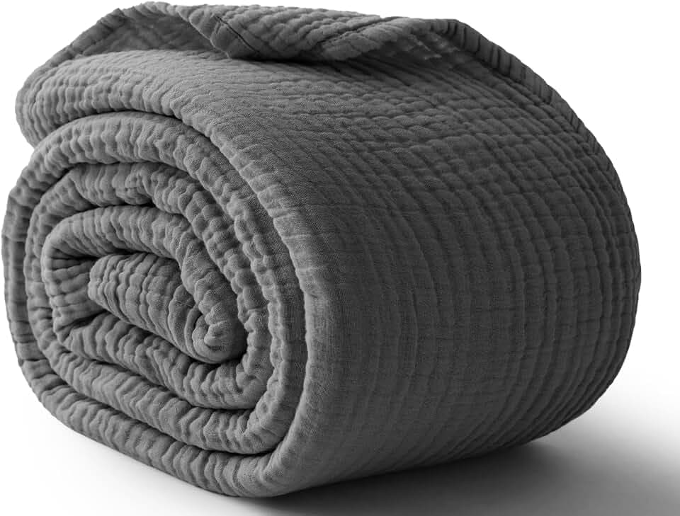 100% Cotton Muslin Blanket for Adult, 6-Layer Large Throw, 50x70, Dark Grey