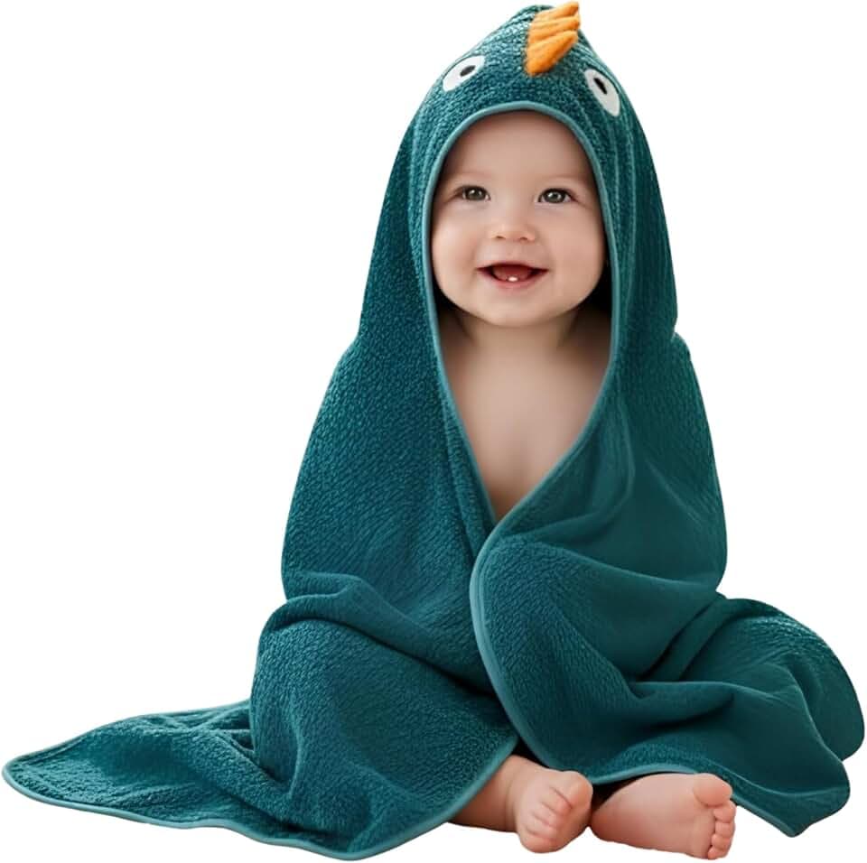 Bio-Baby-Handtuch Neugeborenen-Bad, Premium 100% Türkische Bio-Baumwolle 280g, 80x80, Dinosaurier-Kapuze, Oeko-Tex 100 Zertifiziertes Handtuch, Ultra Weich & Saugfähiges Badetuch, Hautfreundlich für