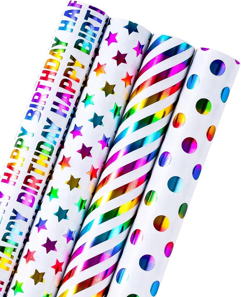 WRAPAHOLIC 30 Inch Birthday Wrapping Paper Roll - Colorful Foil Happy Bday Design for Birthday, Wedding, Baby Shower - 4 Rolls - 30 inch x 120 inch Per Roll