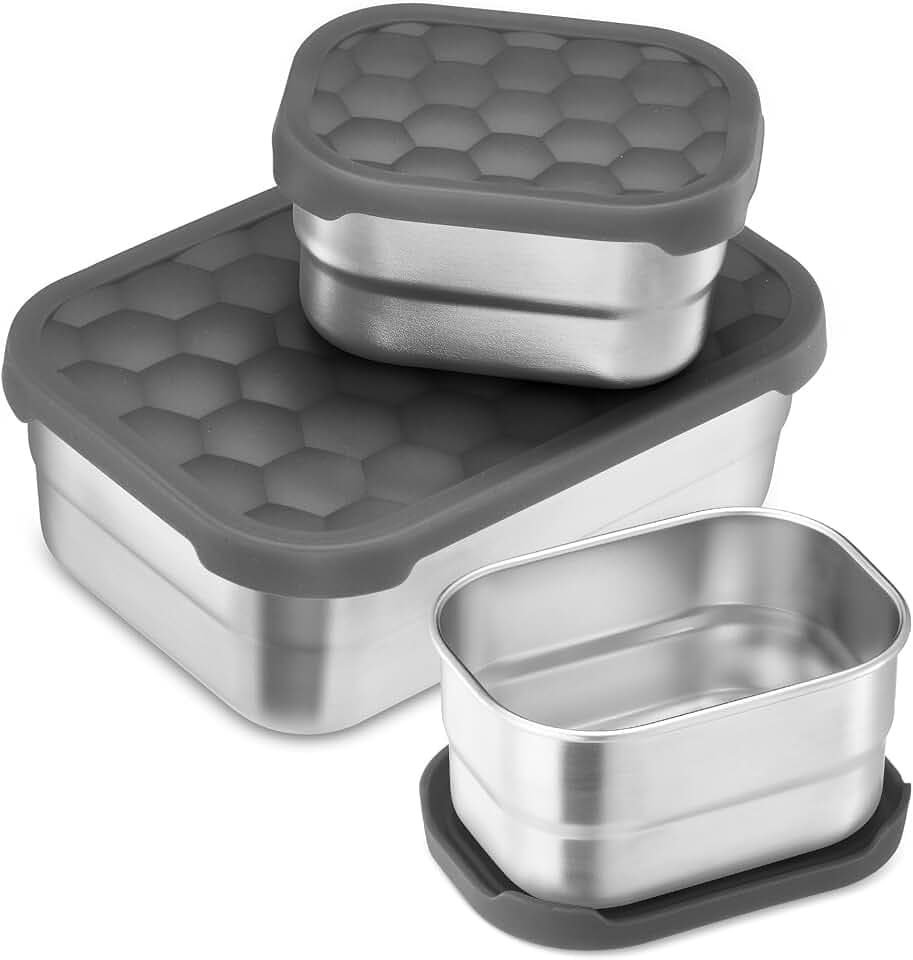 E-far Stainless Steel Lunch Containers for Kids, 3 Pcs (8OZx2 & 25OZ), Grey