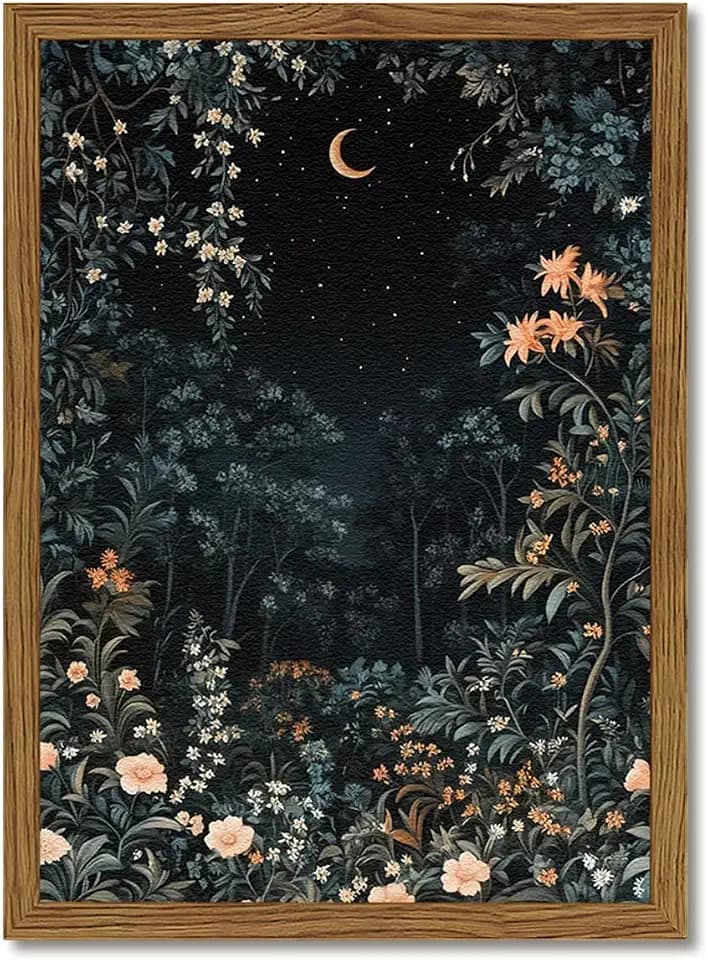 Vintage Dark Moon Botanical Wall Art William Morris Night Forest Wall Decor Paintings, 3D Texture Hand Drawn Sandstone Cottagecore Flower Artwork for Living Room Bedroom 16x12 inch Wood Framed