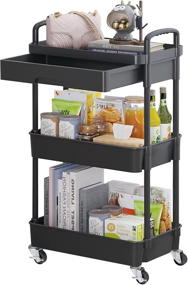 Calmootey 3-Tier Utility Cart with Drawer & Wheels, Storage for Home,Office