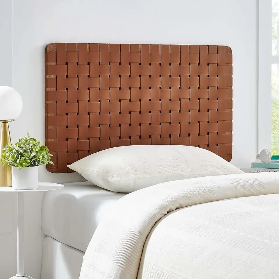 Modway Sparta Vegan Leather Weave Twin Headboard in Walnut Brown, Faux Leather Twin Headboard Only with Wall Mount Design for Children's Bedroom, College Dorm, or Guest Room