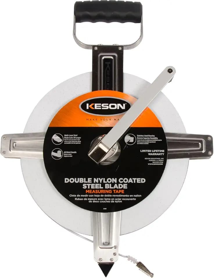Keson SNR10100H Nylon-Reinforced Steel Blade Tape Measure with Stainless Steel Housing with Hook End (Graduations: ft, 1/10, 1/00), 100-Foot