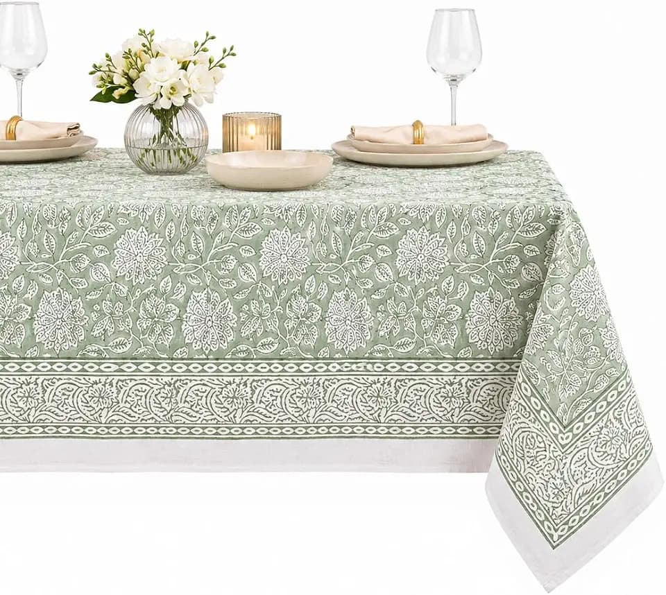Cotton Block Print Tablecloth 60 x 90, White Green Rectangle