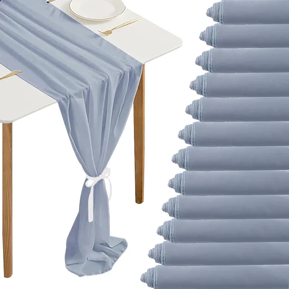 12 Packs Dusty Blue 10Ft Chiffon Table Runner 27 x 120 Inches Sheer Chiffon Table Runner Romantic Boho Rustic Wedding Table Runner for Wedding Birthday Party Decor Bridal Baby Shower Table Decoration
