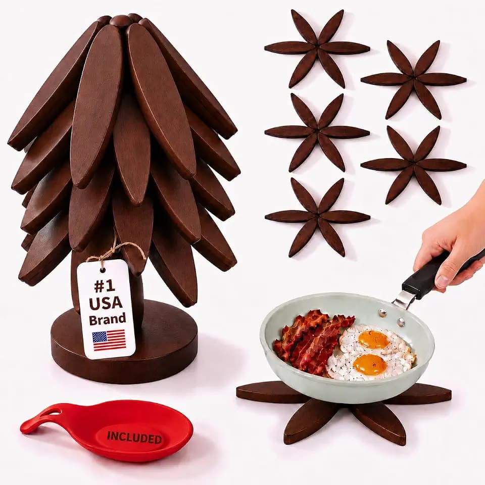 MINARAI-Wooden Trivets for Hot Dishes,5-Pads,Silicone Spoon Holder Included