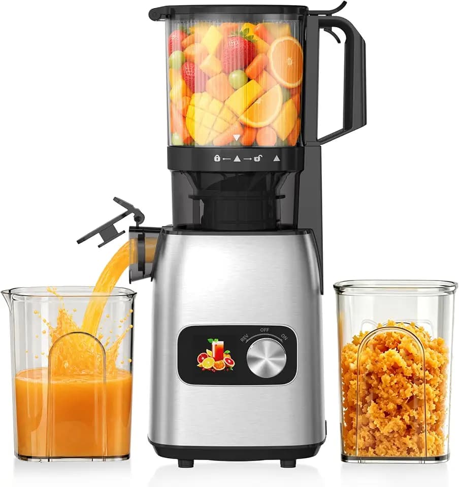 Juicer Machines, Cold Press Juicer for Fruits & Vegetables, Rotary Knob Slow Juicer with Anti-Clog Reverse Function, BPA-Free Detachable Accessories, 2 Large Capacity Collection Cups