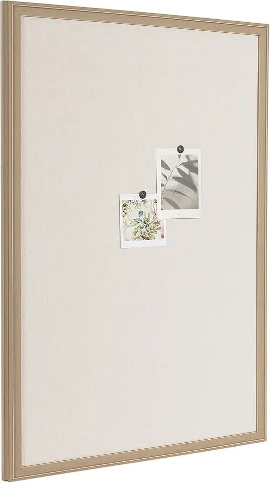 Kate and Laurel Oakhurst Rectangle Framed Linen Fabric Pinboard; 24 x 36; Light Tan; Traditional Decorative Bulletin Board with Stepped Profile and Lightly Distressed Finish