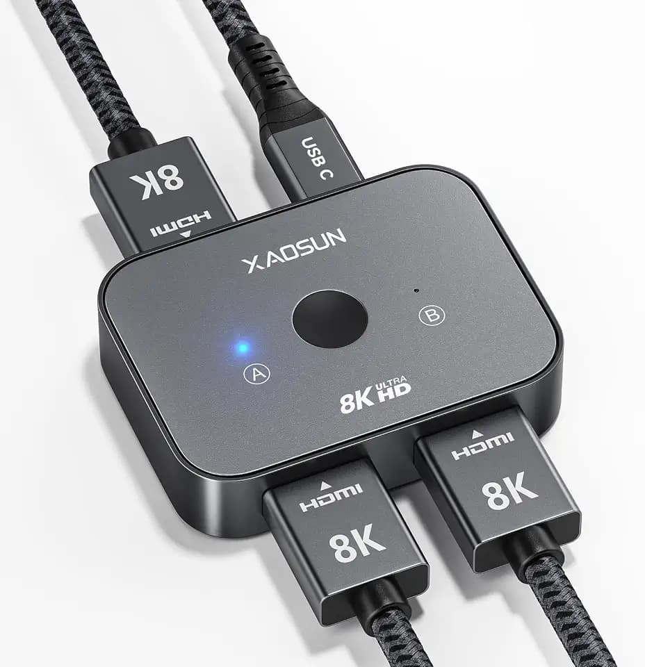 8K@60Hz HDMI 2.1 Splitter, XAOSUN 4K@120Hz HDMI Switch, Aluminium Bi-Directional 2 In 1 Out/1 In 2 Out Umschlater, Unterstützung eARC,VRR,3D,HDR,CEC, Kompatibel mit PS5/4,Xbox,TV Stick,DVD,Player usw