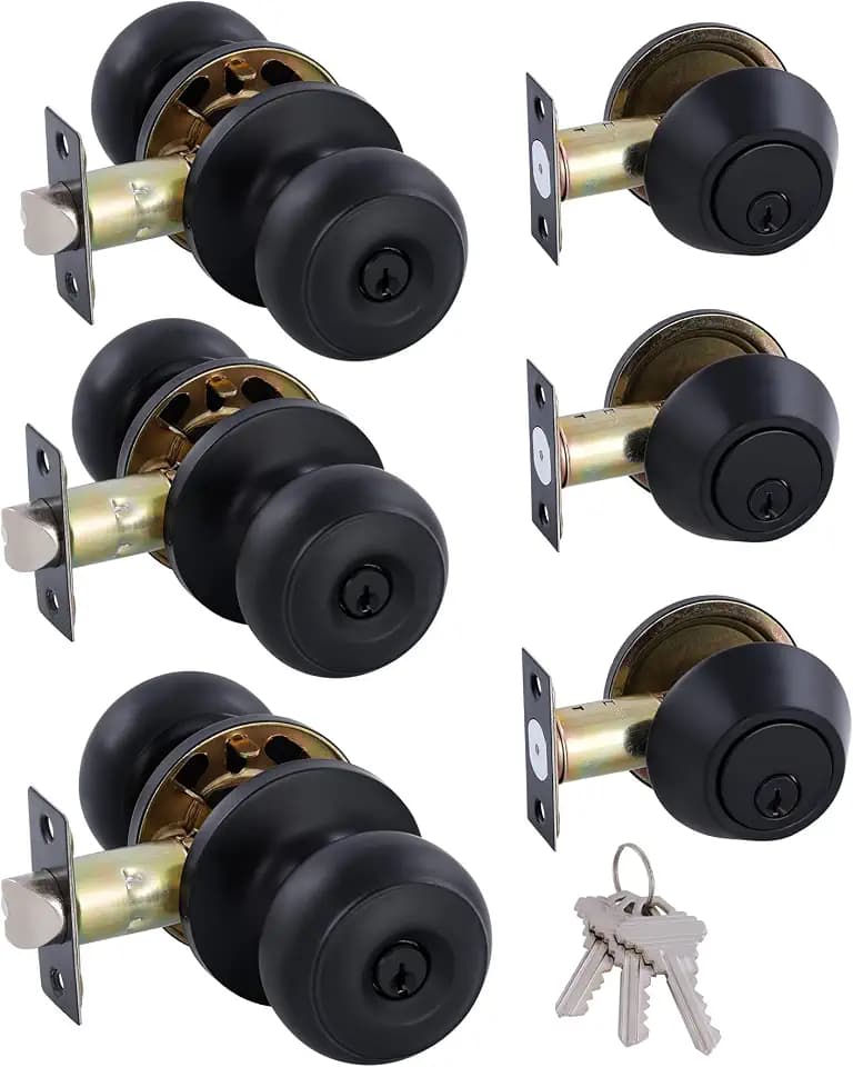(3 Pack) All Keyed Identical Deadbolt Door knob Single Cylinder Deadbolt Lock Combo Set, Classic Matte Black Exterior Door Knobs with Deadbolt Entrance and Front Door Lock