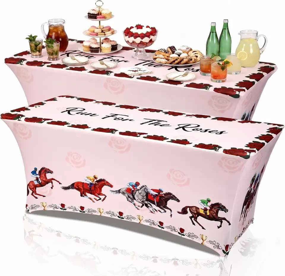 Oudain 2 Pcs Derby Day Table Cover Stretch Tablecloth 6 ft Horse Racing Tablecloth