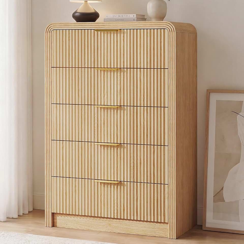 Decofy Fluted Wood Dresser 5 Drawers 48" Tall Curved Modern Chest Organizer