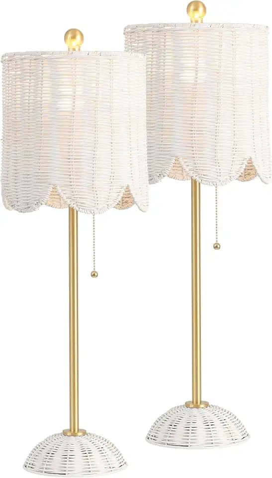 JONATHAN Y Celerie 27.5" Rattan Buffet Lamp, White/Brass Gold, Set of 2