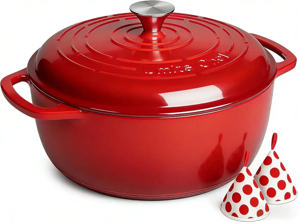 Umite Chef 6QT Enameled Cast Iron Dutch Oven with Lid, Versatile Heavy-Duty Cookware Pot for Baking Bread, Braising, Soups & Stews, Oven & Stovetop Safe with Heat Resistant Gloves(Red)