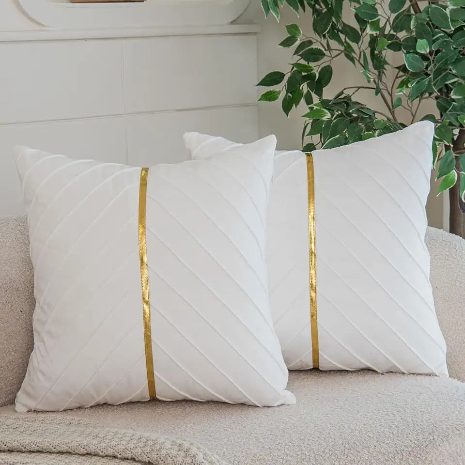 WACOMECO Velvet Throw Pillow Covers, Pack of 2 Soft Gold Decorative Cushion Covers for Couch Sofa Living Room Home Decoration, White, 16x16 inch