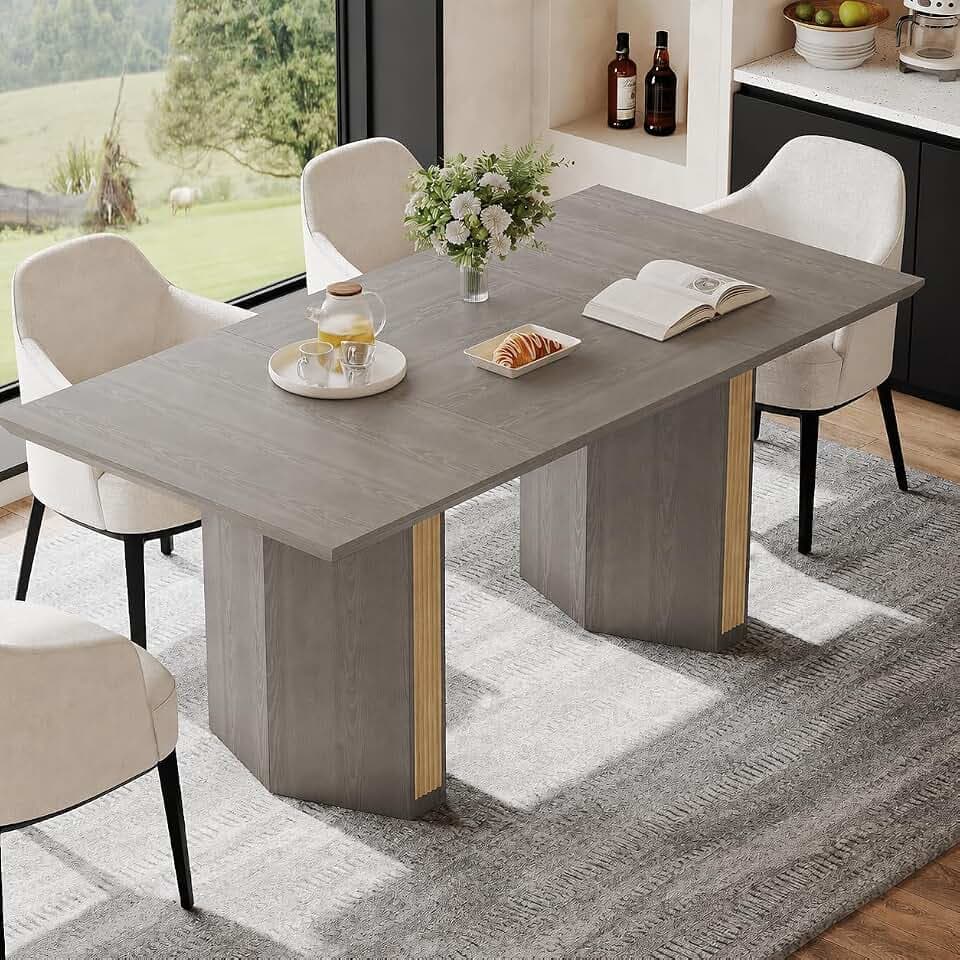 Einhomn 71" Rectangle Dining Table for 6-8, Farmhouse Kitchen Table with Sturdy Diamond-Shaped Legs & Solid Back Panel, Modern Wood Dinner Table for Dining Room, Living Room, Grey