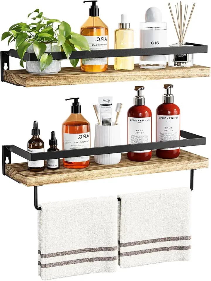 Amada Bathroom Shelves with Towel Bar, Set of 2, Light Brown
