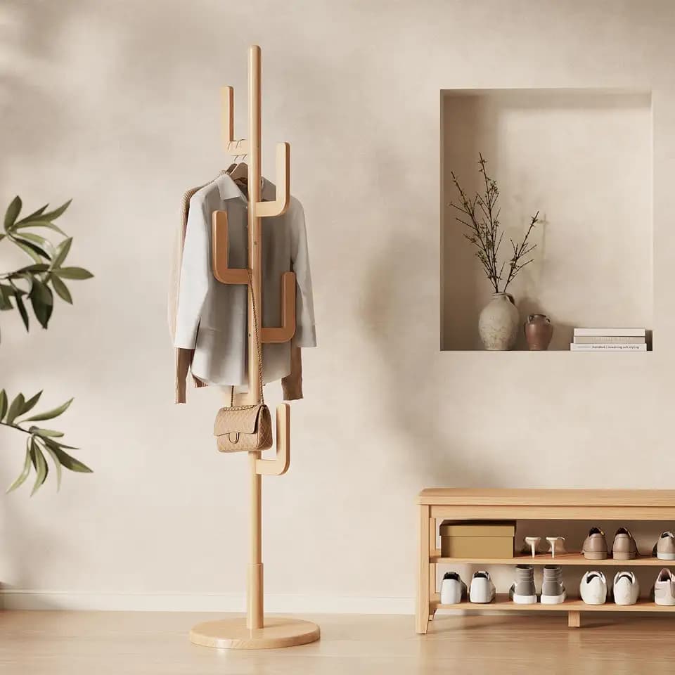 KungFuWood Coat Rack, Unique Design Cactus Coat Rack Freestanding, Adjustable Height Wooden Coat Rack Stand with 6 Hooks, Easy Assembly Coat Tree for Entryway, Bedroom,Coats,Bags(Natural)