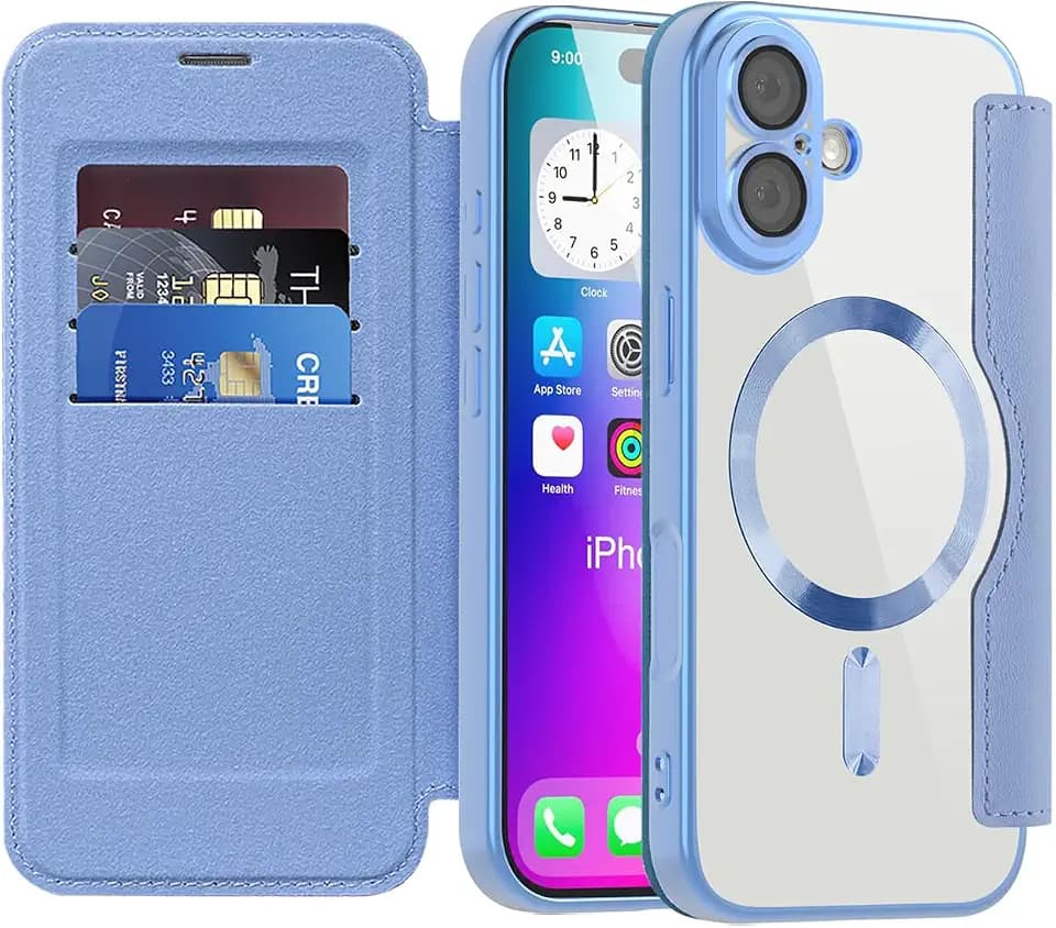 Hülle für iPhone 17 Handyhülle mit MagSafe Transparente Anti-Kratzer Leder Flip Stoßfest Schutzhülle Klapphülle mit RFID-Sperre Schutzhülle Case für Apple iPhone 17, WD Hellblau