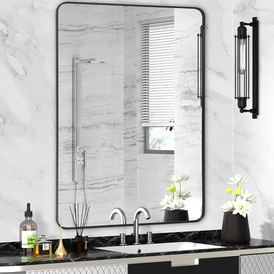 Black Framed Bathroom Mirror, 28" x 36", Matte Black