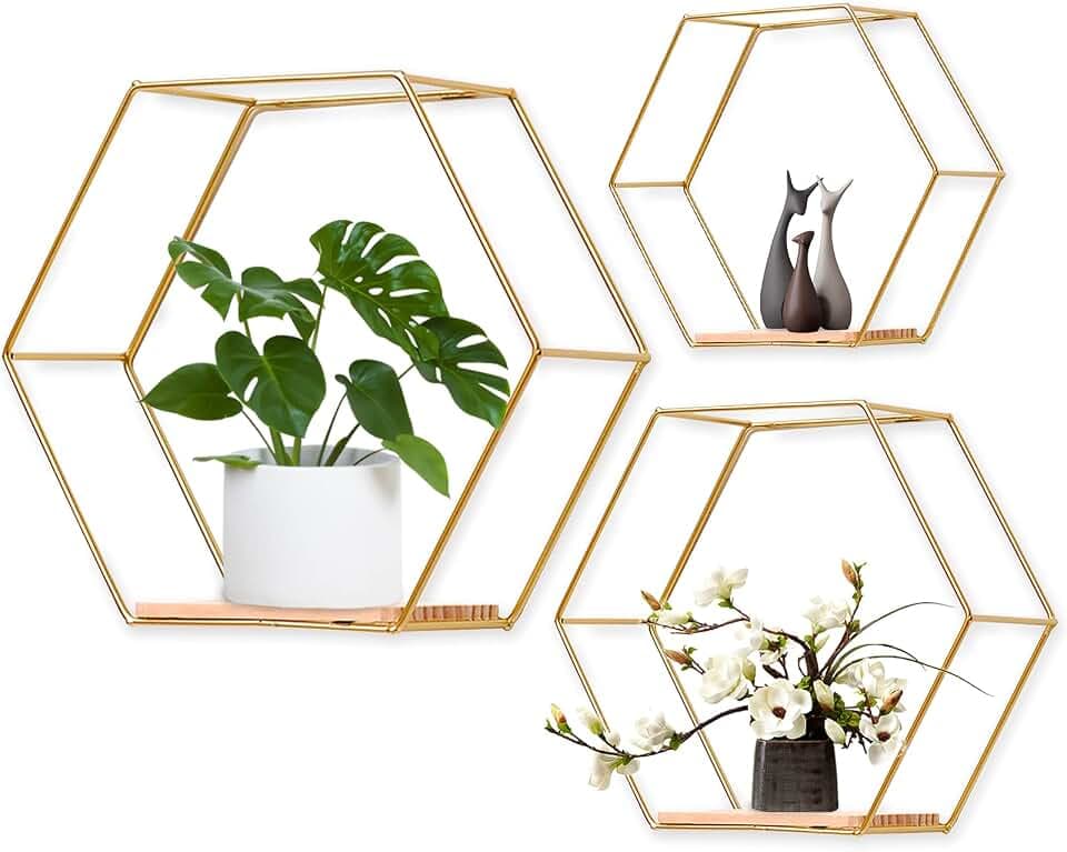 Hexagon Floating Shelves for Wall Decor, Set of 3 in Different Sizes, Gold